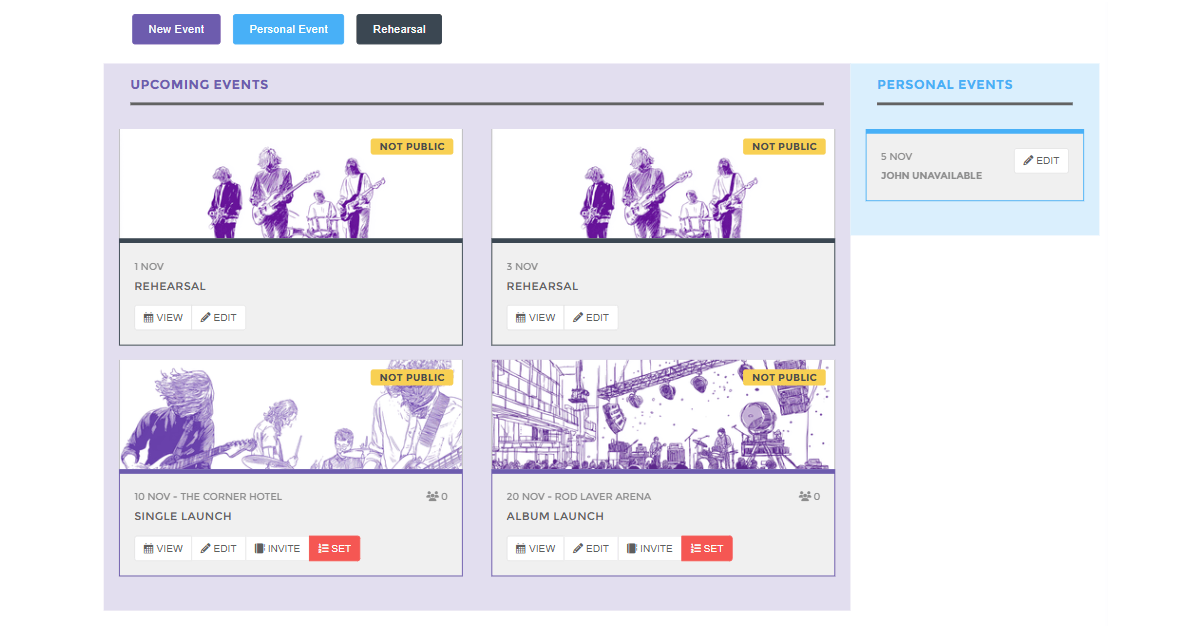 Band event management — public event page preview
